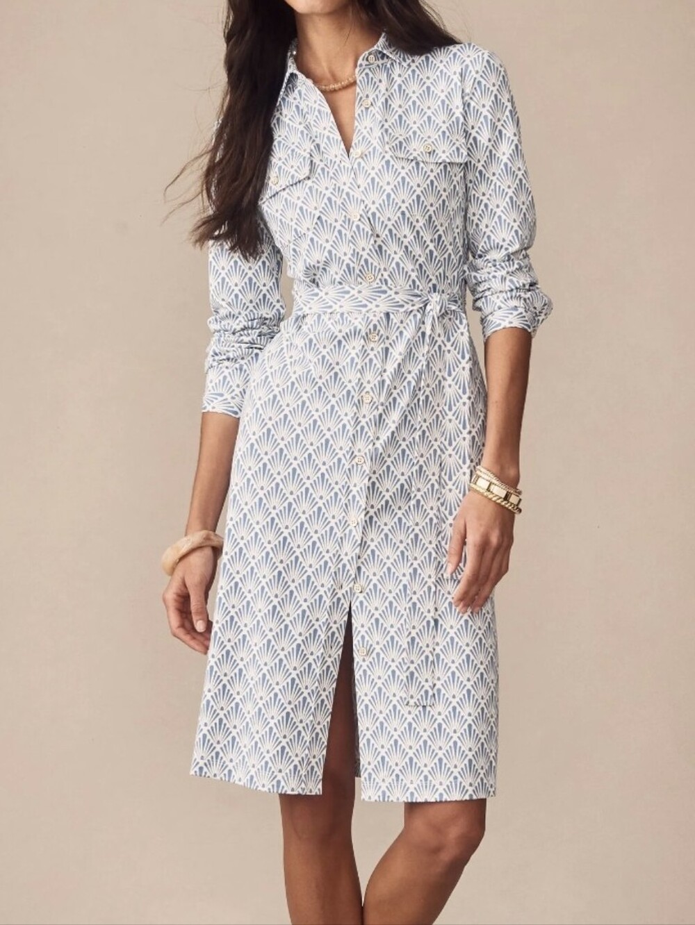 J. Mclaughlin Blue Button Up Tie Waist Midi Dress Sandshell Size Medium